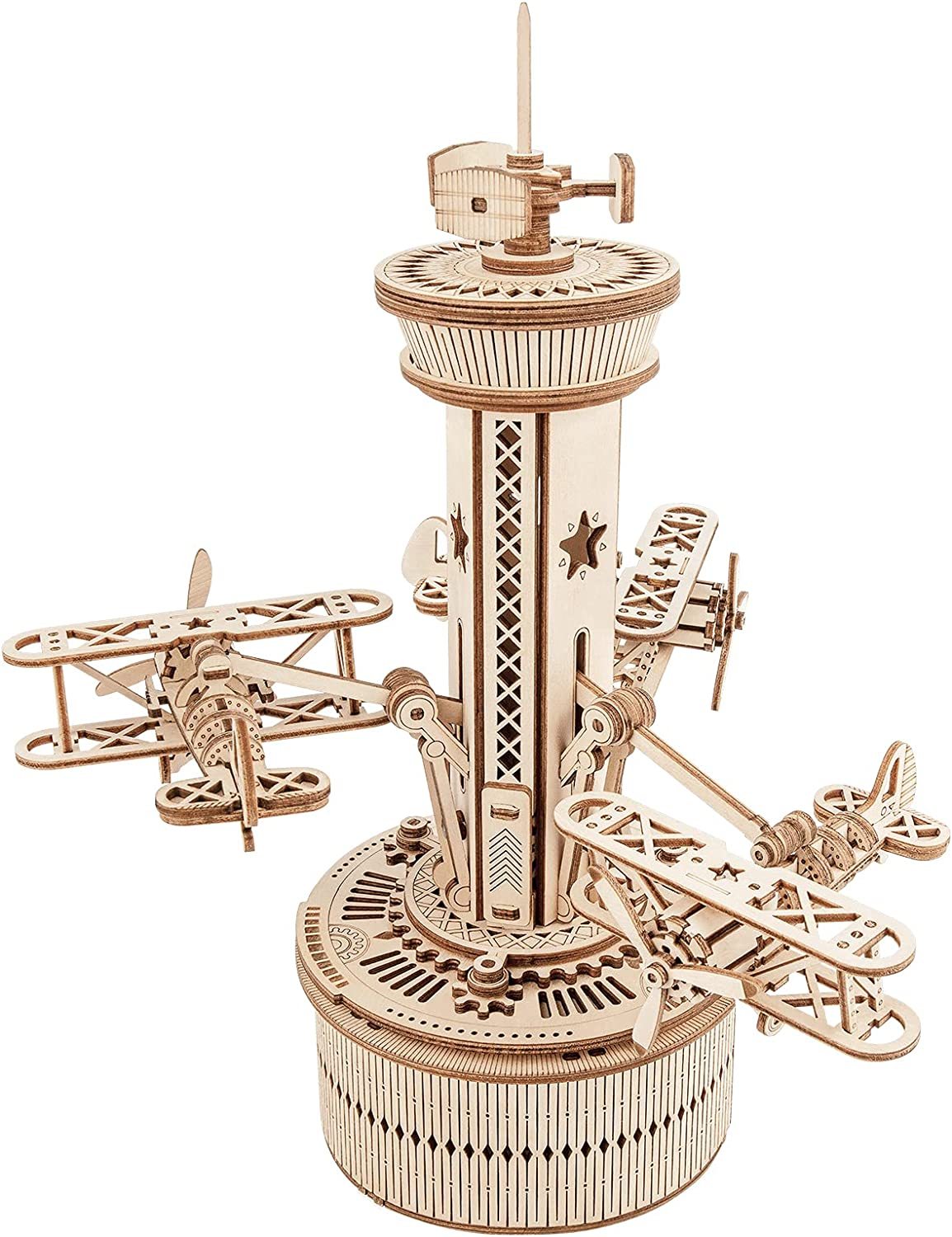 Robotime Rokr 3D Wooden Puzzles For Adults DIY Musical Box Model Kit To Build Self-Assembly Building Kit Airplane- Control Tower - Image 7