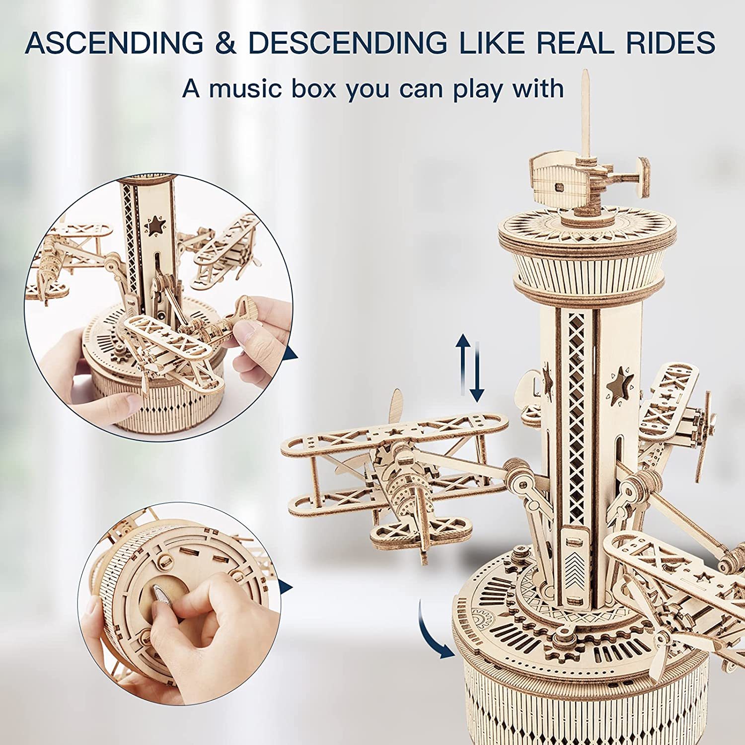 Robotime Rokr 3D Wooden Puzzles For Adults DIY Musical Box Model Kit To Build Self-Assembly Building Kit Airplane- Control Tower - Image 2