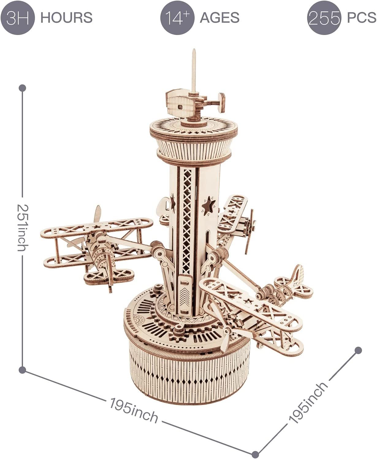 Robotime Rokr 3D Wooden Puzzles For Adults DIY Musical Box Model Kit To Build Self-Assembly Building Kit Airplane- Control Tower - Image 3