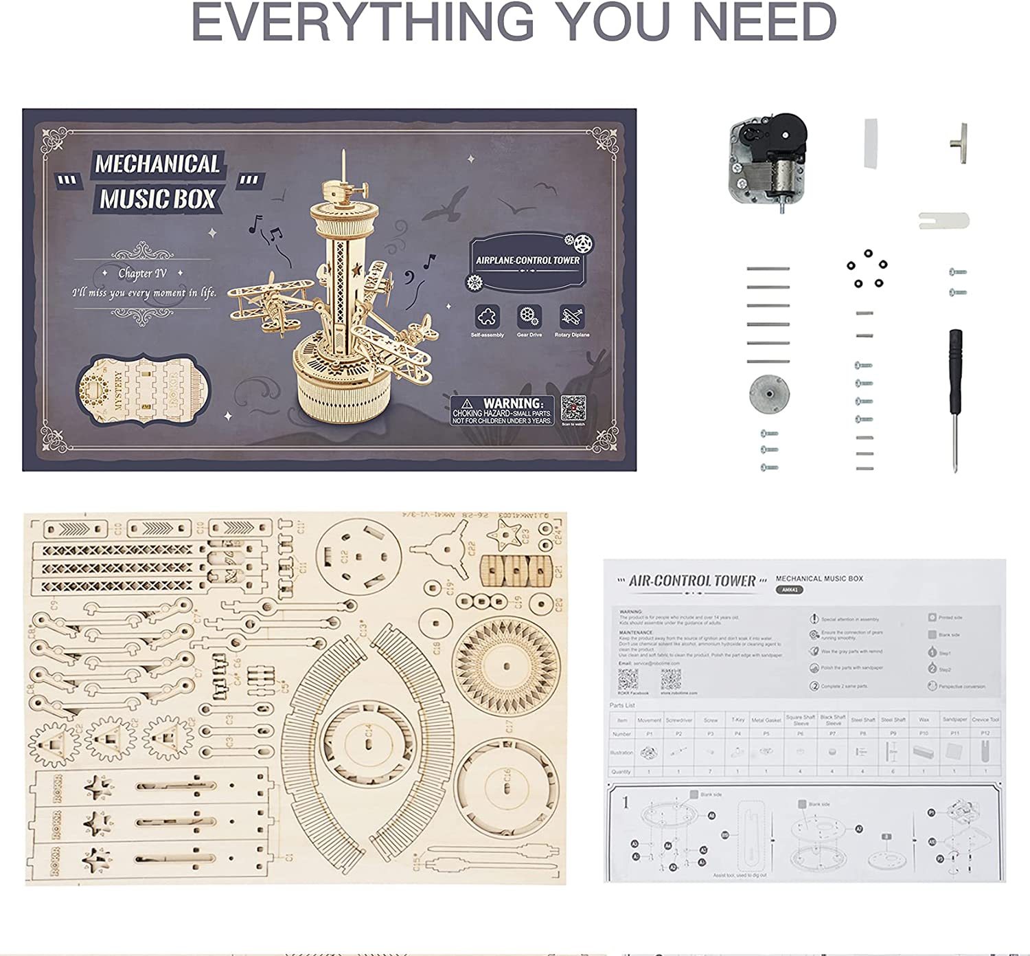 Robotime Rokr 3D Wooden Puzzles For Adults DIY Musical Box Model Kit To Build Self-Assembly Building Kit Airplane- Control Tower - Image 8